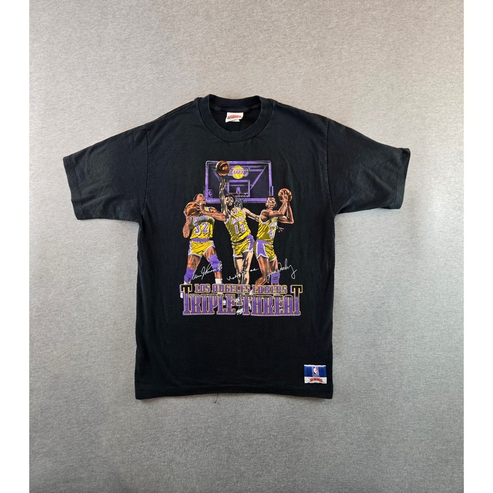 Vintage Los Angeles Lakers T-Shirt Mens Black Nutmeg Mills Triple Threat 90s NBA
